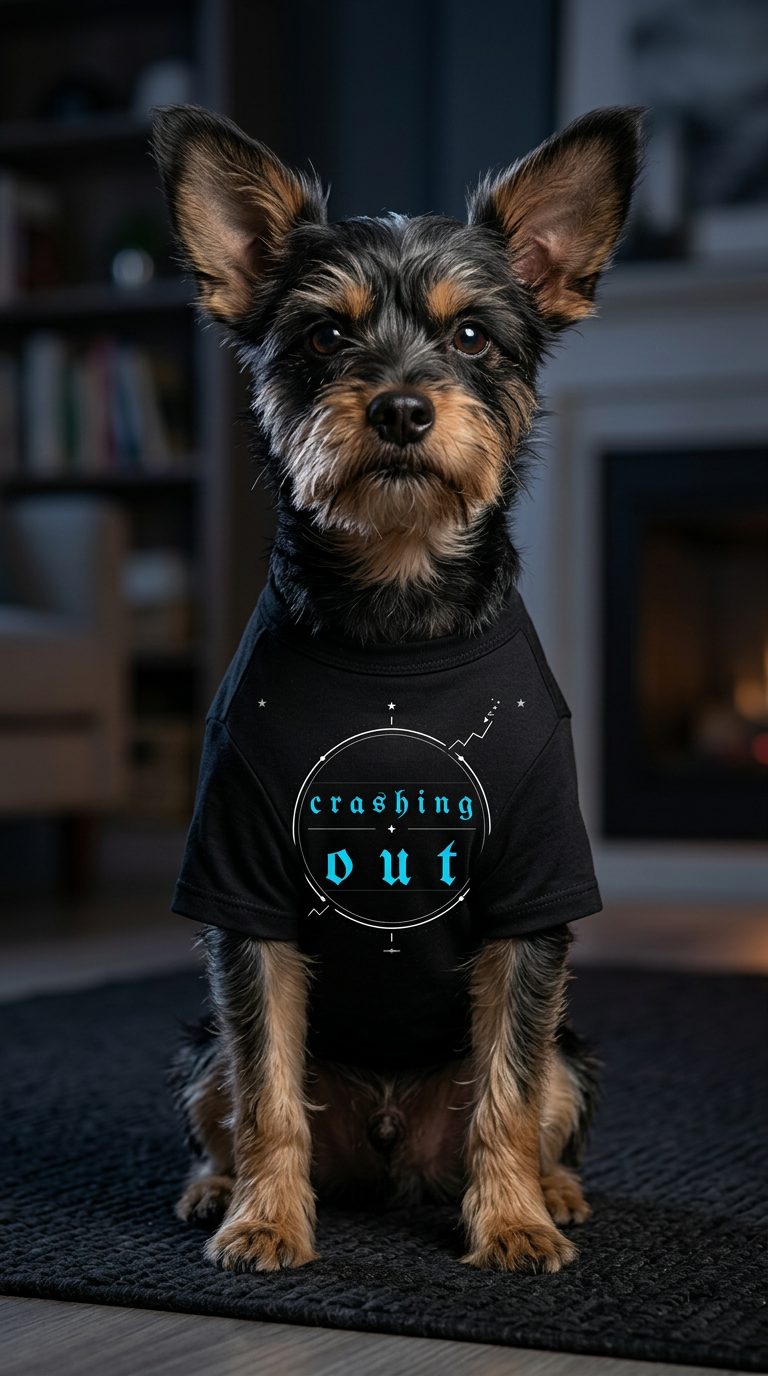 Crashing Out — Yorkie wearing black tee with blue crashing out logo emblem