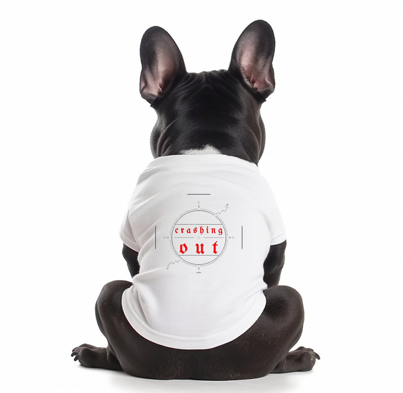 Crashing Out — Dog wearing black tee with red crashing out emblem