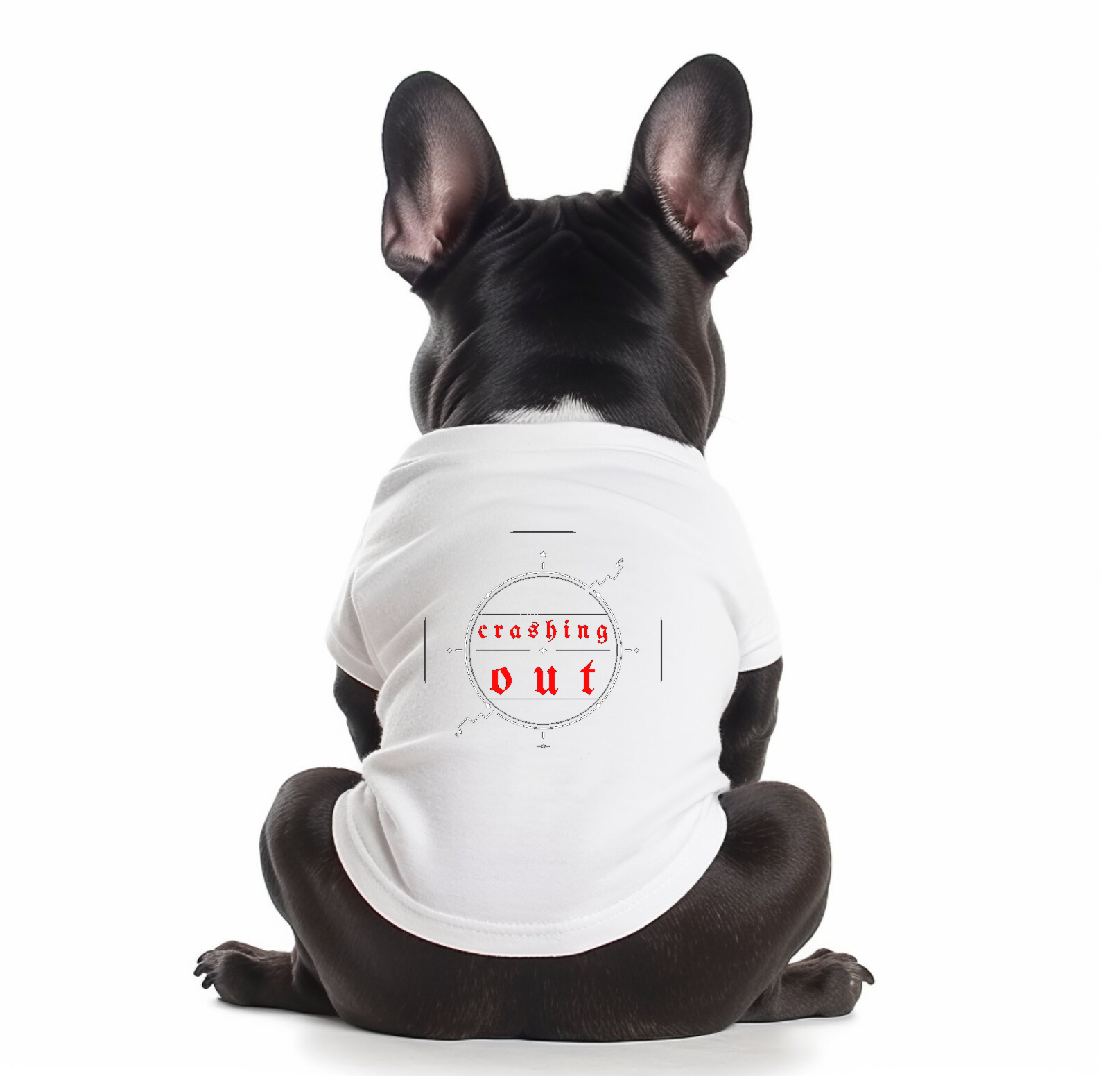 Crashing Out — Dog wearing black tee with red crashing out emblem