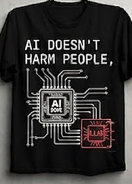 Crashing Out — black tee with circuit-board traces running from a white AI chip to a red LLM chip, reading AI doesn't harm people, LLMs do!