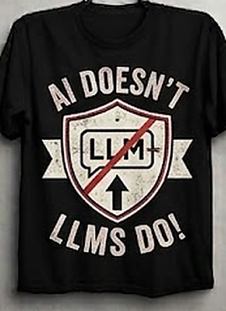 Crashing Out — black tee with a distressed shield crest, LLM struck through in red, banner ribbons and arched text reading AI doesn't harm people, LLMs do!